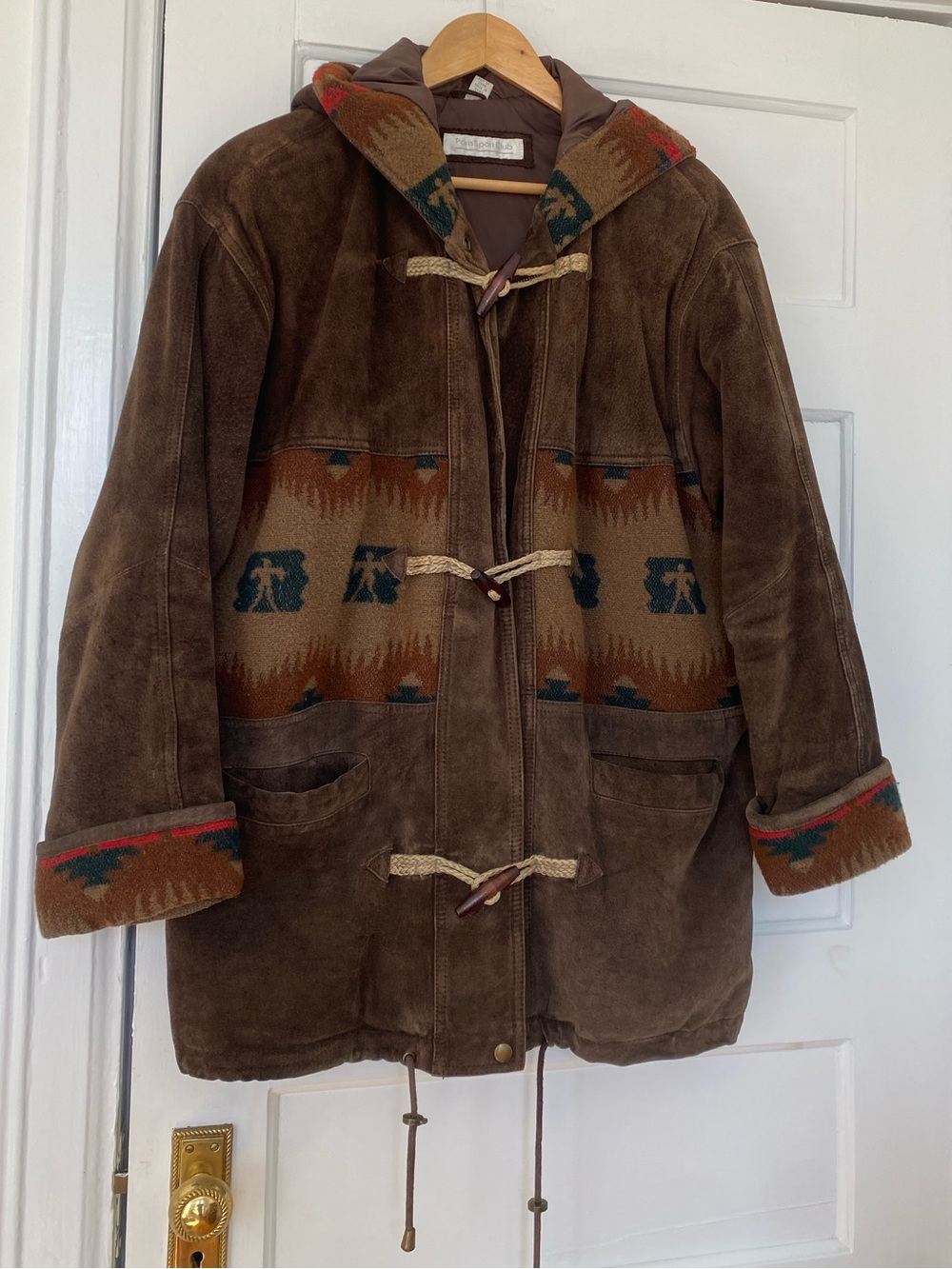 Vintage 90s suede duffle coat western Aztec boho toggle parka